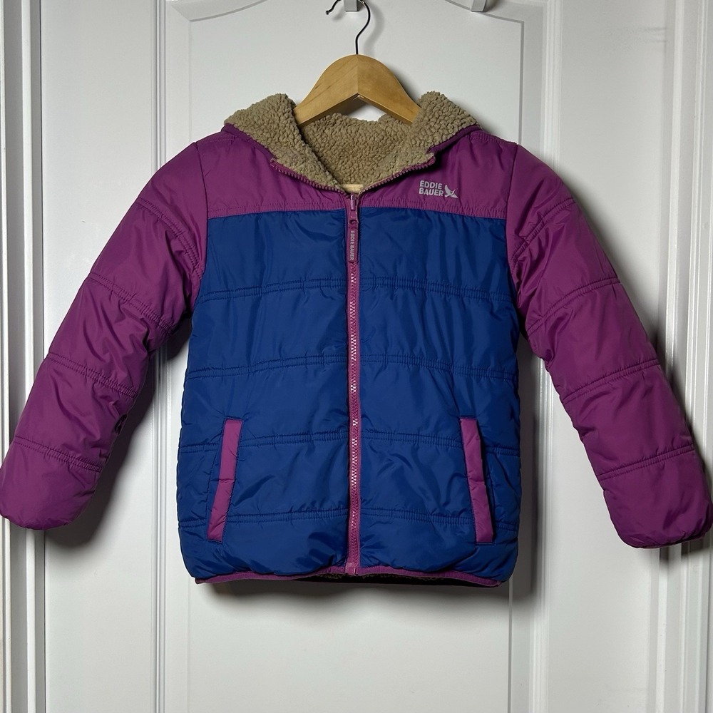Eddie Bauer Girls' Reversible Purple and Blue Sherpa Lined Hooded Puffer Jacket